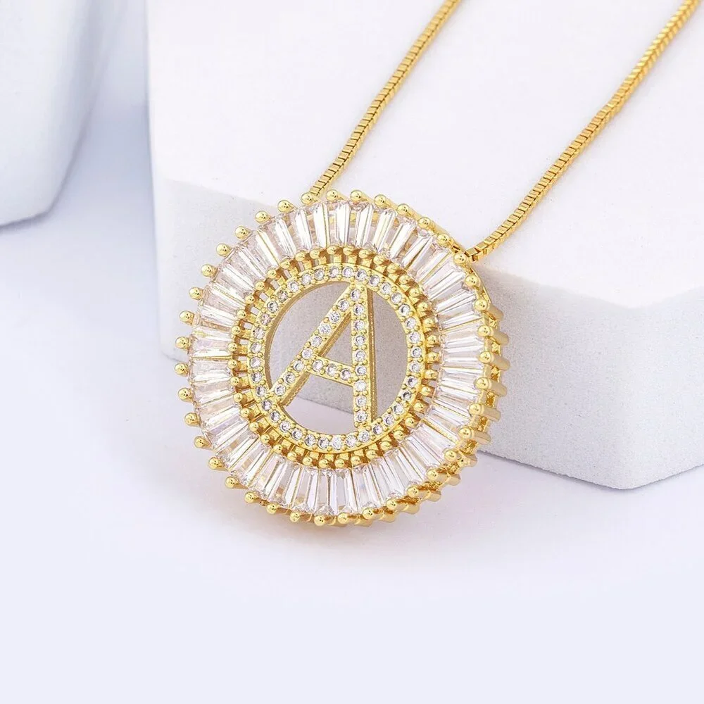 Yellow Gold Women's Large Letter Detail Cubic Zirconia Round Charm Necklace